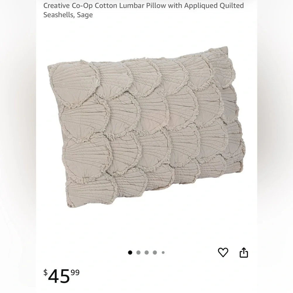 Creative Co-Op Cotton Lumbar Pillow With Appliqued Quilted Seashells, Sage